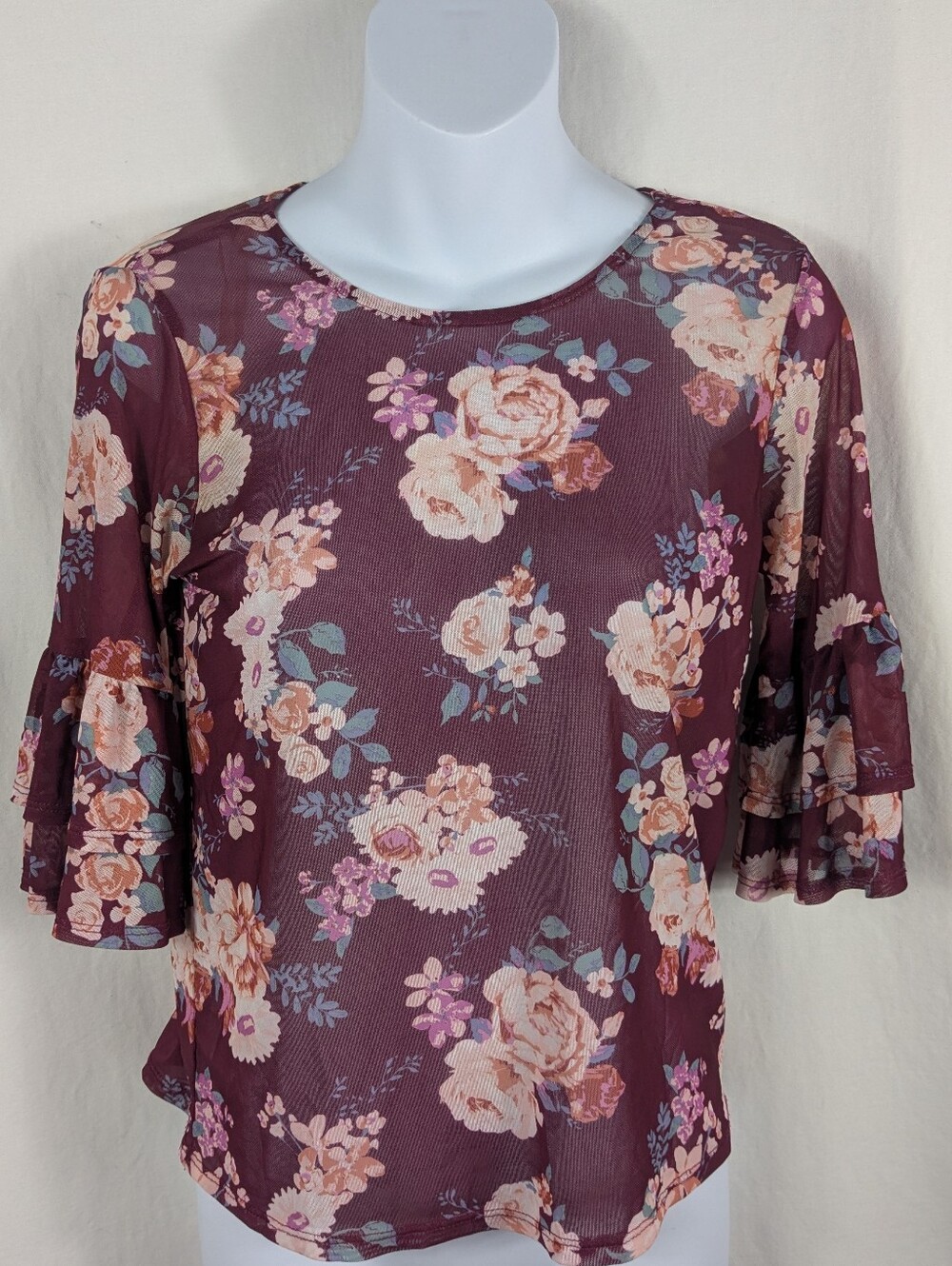 Burgundy Sheer Floral Top Romantic Whimsigoth